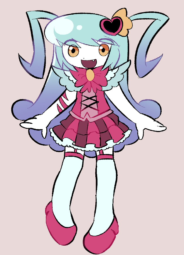 queen of hatred, lobotomy corporation, project moon, 11voegel, 1girl, :d, blue hair, bow, bowtie, fang, full body, grey background, hair ornament, heart, heart hair ornament, long hair, looking at viewer, magical girl, open mouth, pink bow, pink bowtie, pink garter straps, pink shoes, pink skirt, pink vest, shoes, simple background, skirt, smile, solo, standing, striped clothes, striped skirt, thighhighs, two side up, vertical-striped clothes, vertical-striped skirt, very long hair, vest, white thighhighs, yellow eyes