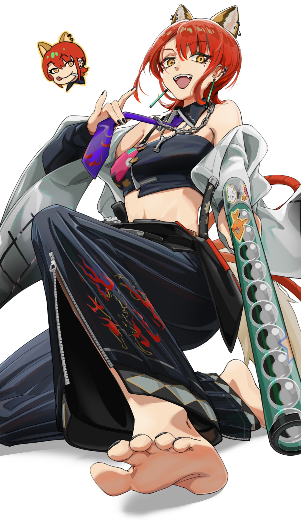 shimizu kazunari, kichisei (arknights), arknights, highres, 1girl, :d, animal ears, bare shoulders, barefoot, black nails, black pants, black tube top, chibi, chibi inset, detached collar, ear piercing, earrings, fang, feet, foot focus, full body, holding, jacket, jewelry, kneeling, looking at viewer, medium hair, midriff, nail polish, necktie, open clothes, open jacket, open mouth, pants, piercing, purple necktie, red hair, shadow, smile, soles, strapless, tail, toenail polish, toenails, toes, tube top, unzipped, white jacket, wide sleeves, yellow eyes