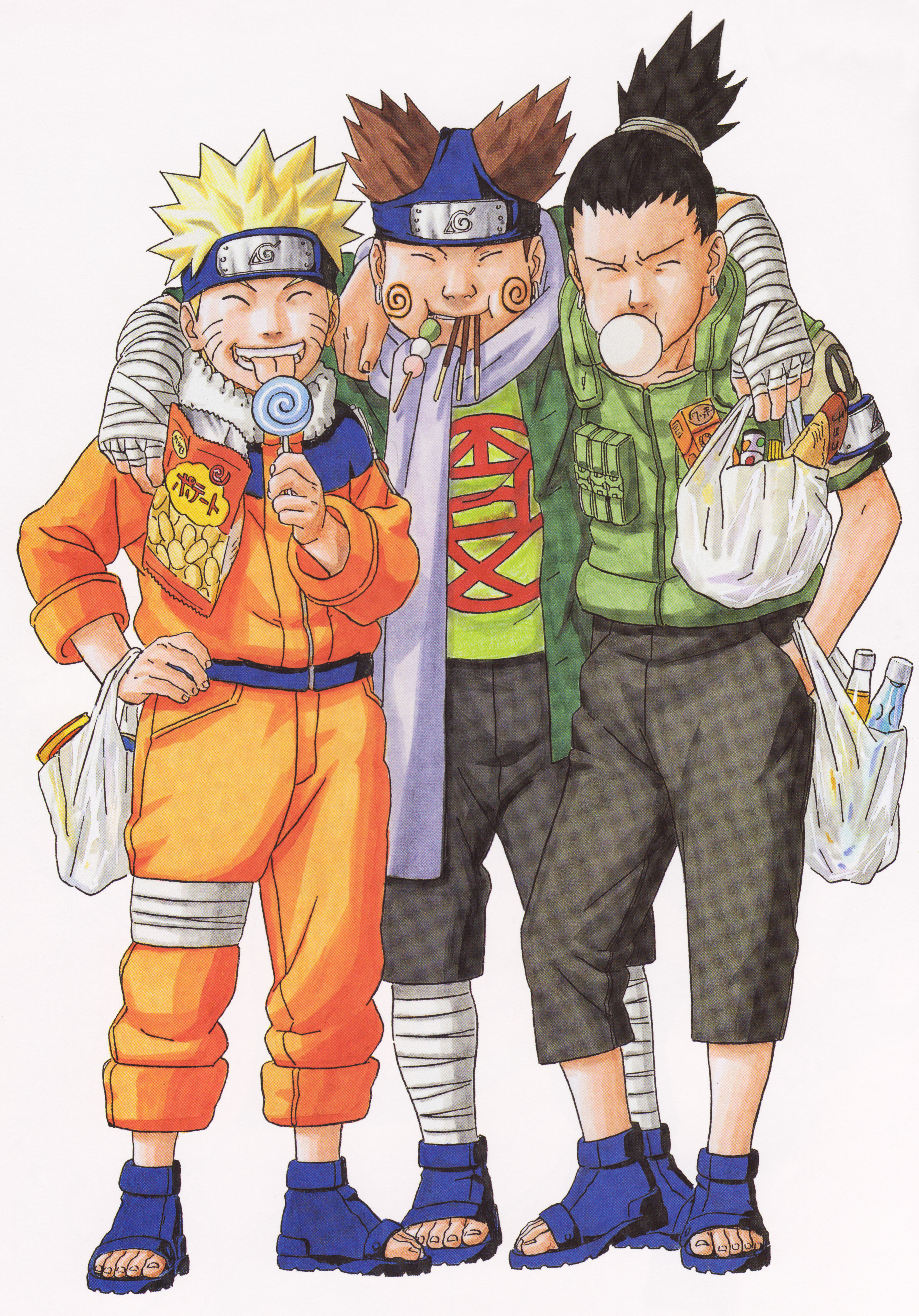kishimoto masashi, akimichi chouji, nara shikamaru, uzumaki naruto, naruto (classic), naruto (series), absurdres, highres, official art, 3boys, ^ ^, bag, bandaged hand, bandages, black hair, blonde hair, blue boots, boots, brown hair, brown pants, candy, chewing gum, closed eyes, dango, facial mark, flak jacket, food, forehead protector, full body, green shirt, hand on own hip, holding, holding candy, holding food, holding lollipop, jacket, konohagakure symbol, lollipop, multiple boys, open-toe boots, orange jacket, orange pants, pants, pocky, ponytail, shirt, shopping bag, short hair, simple background, smile, spiked hair, standing, sweets, wagashi, whisker markings, white background