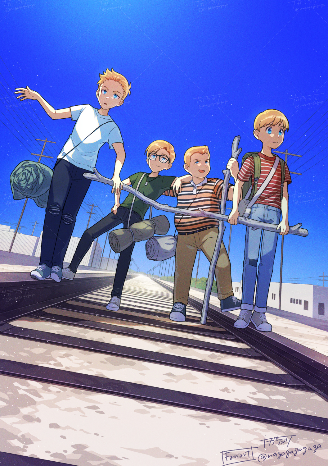 nagare750, commentary request, highres, 4boys, black-framed eyewear, black pants, blonde hair, blue eyes, blue pants, blue sky, brown pants, closed mouth, day, glasses, green shirt, holding, holding stick, male focus, multiple boys, open mouth, orange shirt, outdoors, pants, power lines, railroad tracks, red shirt, shirt, shoes, sky, sneakers, stand by me (1986), standing, stick, striped clothes, striped shirt, twitter username, walking, white shirt