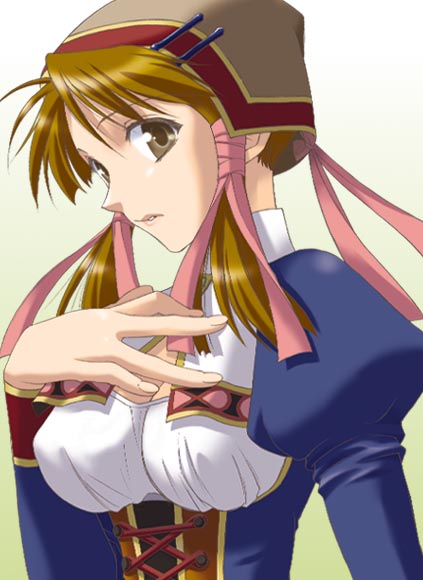 lilie (atelier), atelier (series), atelier lilie, gust, 1girl, breasts, brown eyes, brown hair, cleavage, cleavage cutout, clothing cutout, corset, female focus, gradient background, hair ribbon, hand on own chest, hat, large breasts, looking at viewer, looking back, profile, ribbon, short hair, sidelocks, solo, turtleneck, upper body