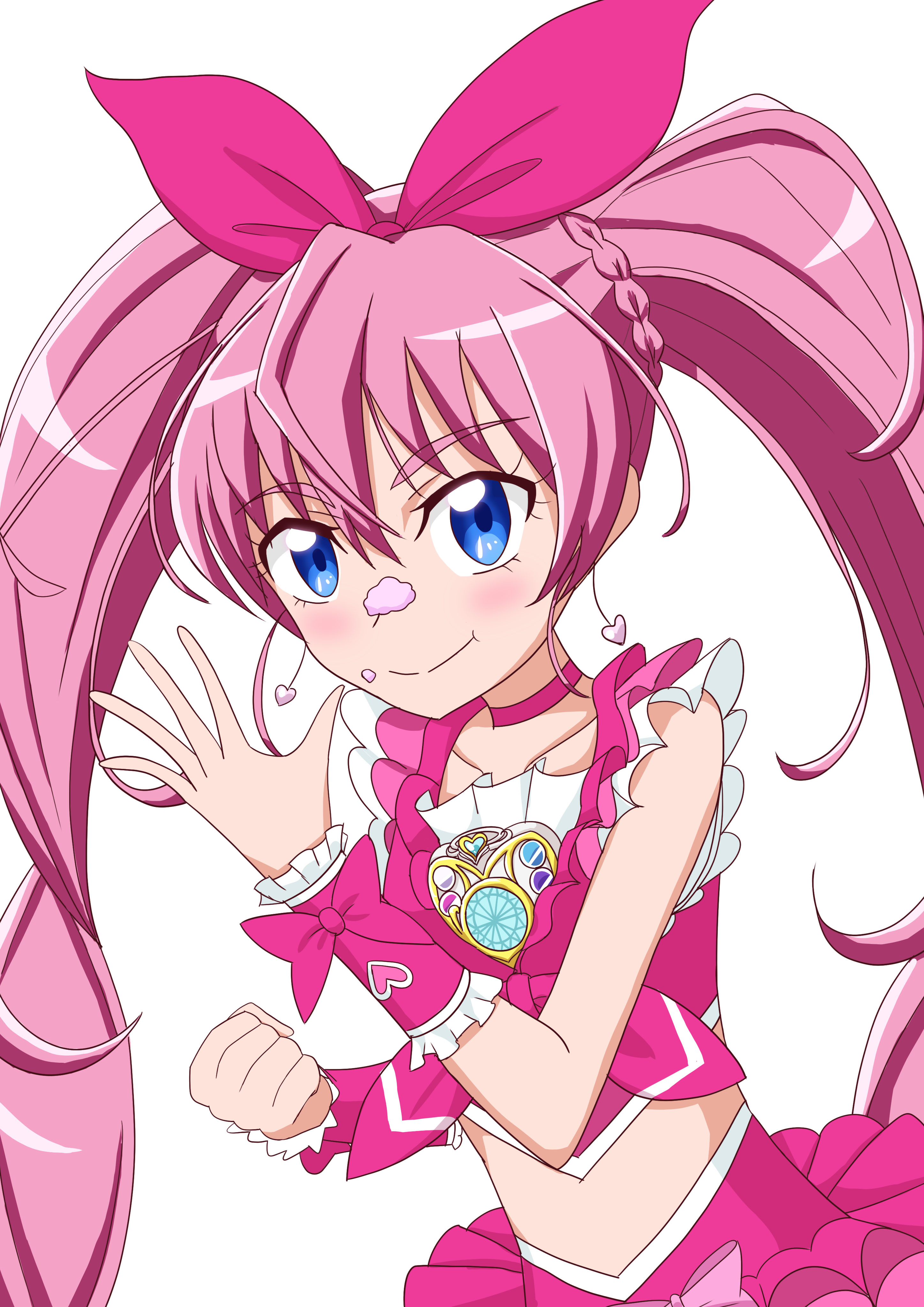 sentyouoekaki, cure melody, houjou hibiki, precure, suite precure, absurdres, commentary, highres, 1girl, bare arms, blush, bow, bow hairband, braid, brooch, choker, clenched hand, closed mouth, collarbone, cream, cream on face, crop top, cure module, earrings, food, food on face, frilled skirt, frilled wrist cuffs, frills, hair between eyes, hairband, hand up, heart, heart brooch, heart earrings, jewelry, layered skirt, long hair, looking at viewer, magical girl, midriff, open hand, pink background, pink bow, pink choker, pink hair, pink skirt, pink wrist cuffs, simple background, skirt, sleeveless, smile, solo, spread fingers, twintails, twintails with braided base, upper body, very long hair, white background, wrist bow, wrist cuffs