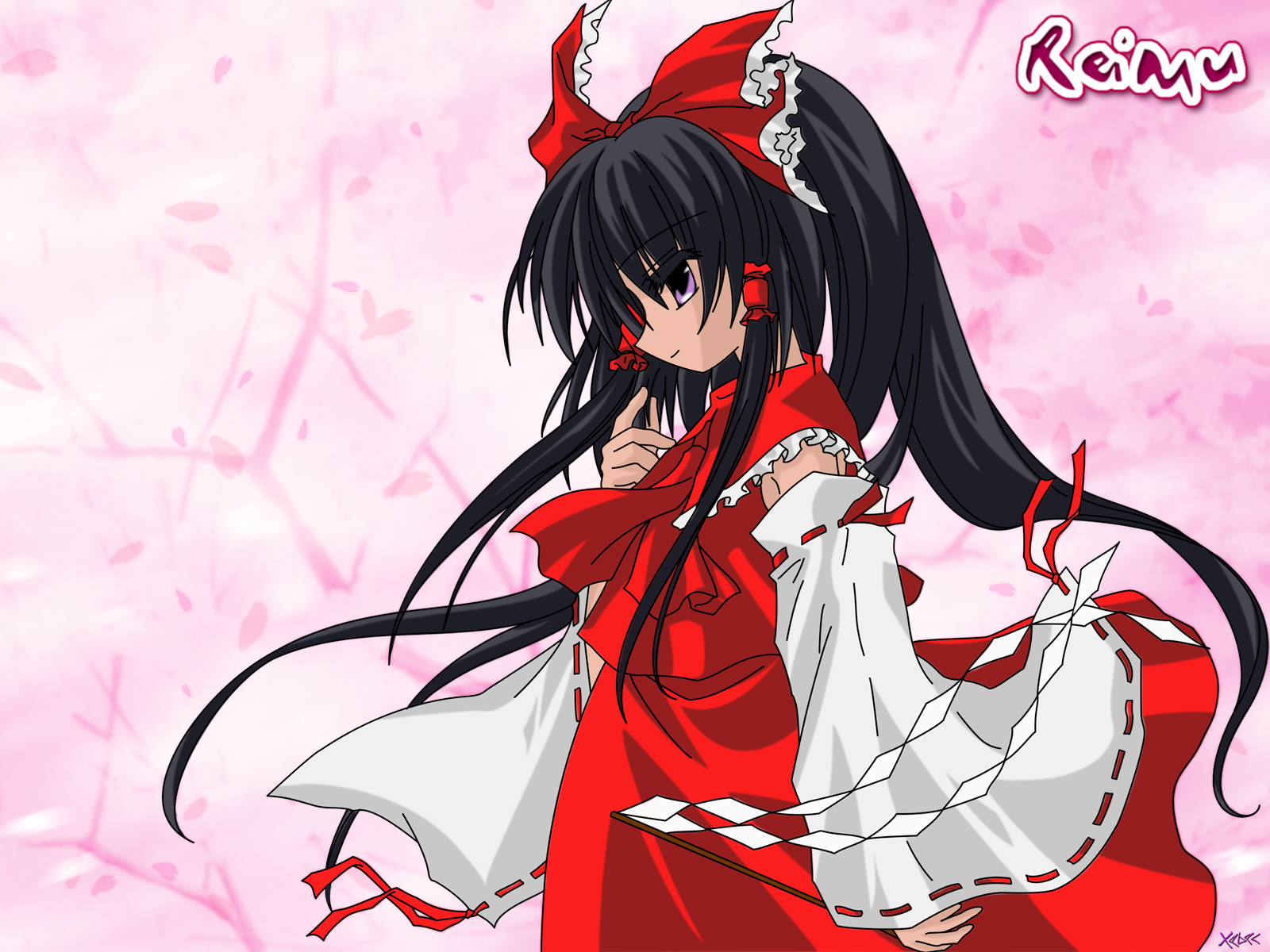 hakurei reimu, perfect cherry blossom, touhou, highres, 1girl, character name, female focus, gohei, solo