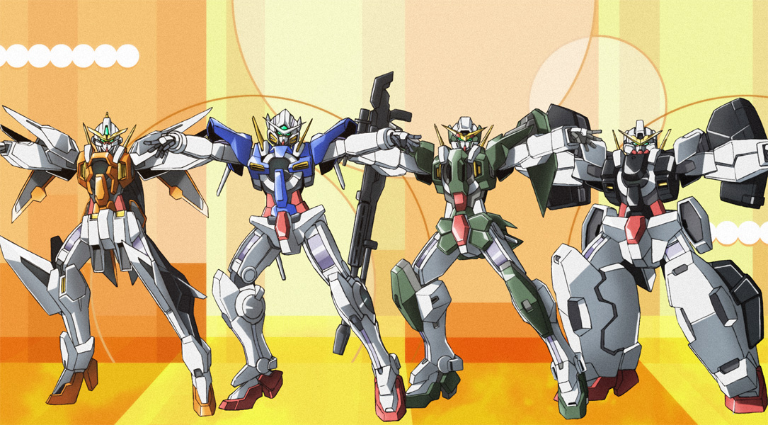 eblmeka, dynames, exia, gundam dynames, gundam exia, gundam kyrios, gundam virtue, kyrios, virtue, gundam, gundam 00, lucky star, motteke! serafuku, multicolored background, bad id, bad pixiv id, armor, arms up, crossover, dancing, full body, green eyes, gun, huge weapon, looking at viewer, mecha, no humans, outstretched arms, parody, robot, standing, weapon