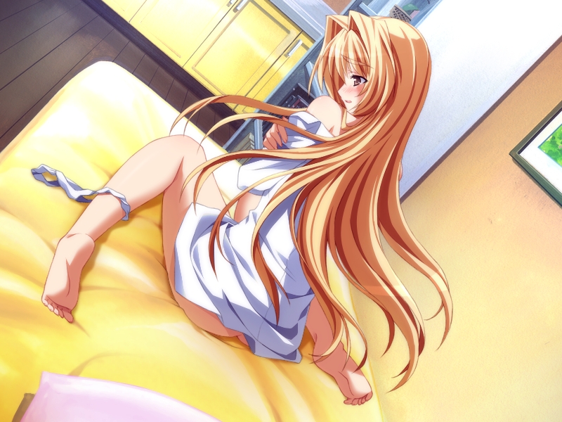 hinata mutsuki, kinoshita rumi, pia carrot (series), pia carrot e youkoso!! g.o., game cg, 1girl, ass, barefoot, bed, blonde hair, blush, feet, female focus, from behind, kneeling, panties, panties around leg, solo, underwear