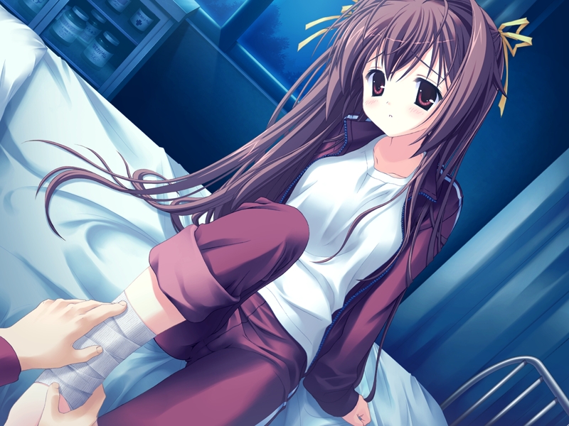 kobuichi, nakanoshima tae, bra-ban!, game cg, 1girl, bandages, bed, blush, brown eyes, brown hair, dutch angle, gym uniform, hair ribbon, long hair, ribbon, sitting, solo focus