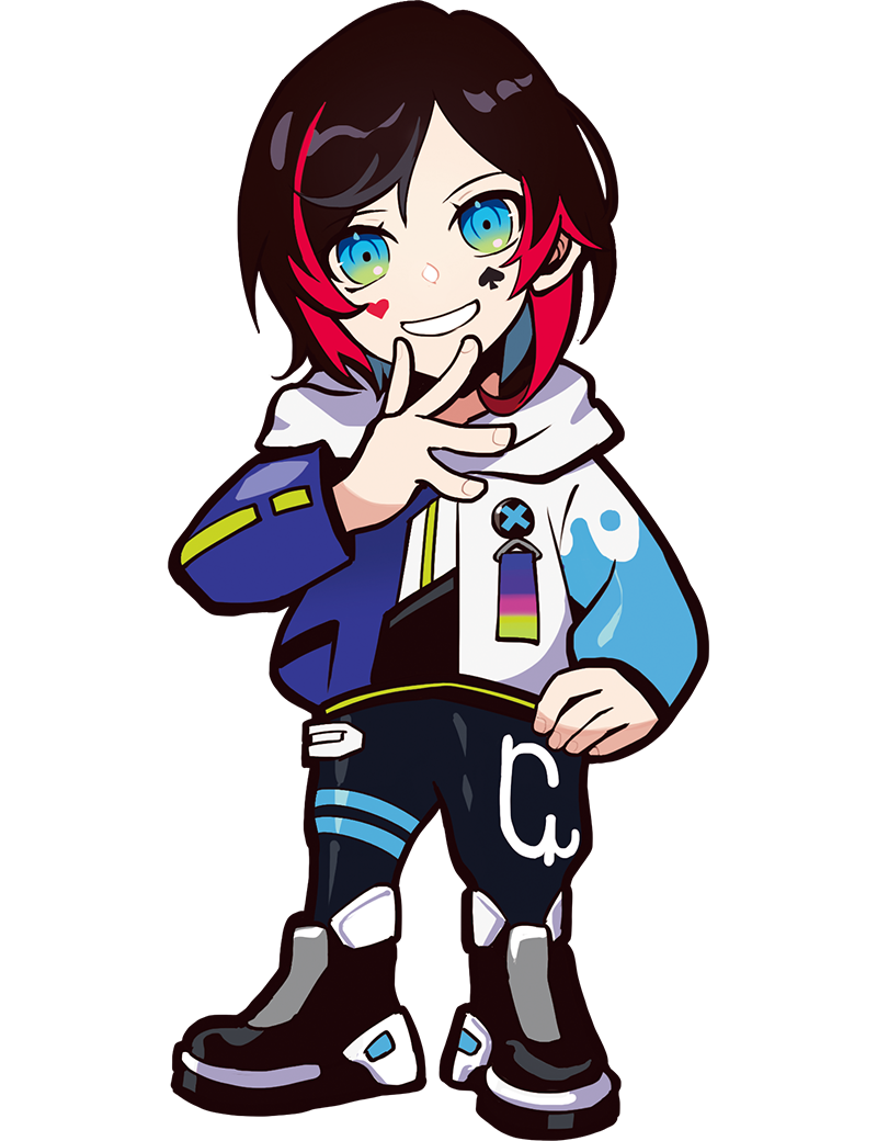 puppeteer7777, uruca (vtuber), crazy raccoon, official art, second-party source, 1boy, anime coloring, ankle boots, aqua eyes, aqua sleeves, asymmetrical bangs, badge, black boots, black hair, black sleeve cuffs, blue jacket, blue pants, blue sleeves, boots, button badge, colored inner hair, double horizontal stripe, eyelashes, facial mark, facing viewer, fingernails, full body, gradient eyes, grin, hand on own hip, head tilt, heart, heart facial mark, hood, hood down, hooded jacket, horizontal-striped clothes, horizontal-striped pants, jacket, lanyard, legs apart, male focus, mark under both eyes, medium hair, multicolored eyes, multicolored hair, multicolored jacket, pants, parted bangs, print pants, red hair, smile, solo, spade (shape), spade facial mark, standing, streaked hair, striped clothes, striped pants, striped sleeves, swept bangs, tachi-e, teeth, thick lineart, transparent background, vertical-striped clothes, vertical-striped sleeves, white jacket, yellow eyes