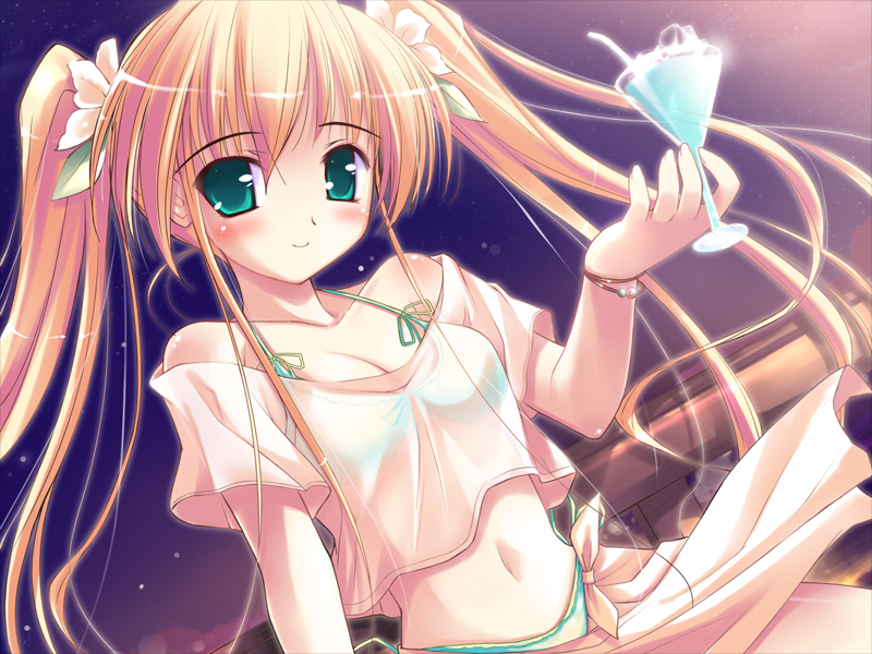 ko~cha, hiiragi anri, happiness!, game cg, 00s, 1girl, bikini, blonde hair, drink, female focus, see-through clothes, sky, solo, swimsuit, twintails