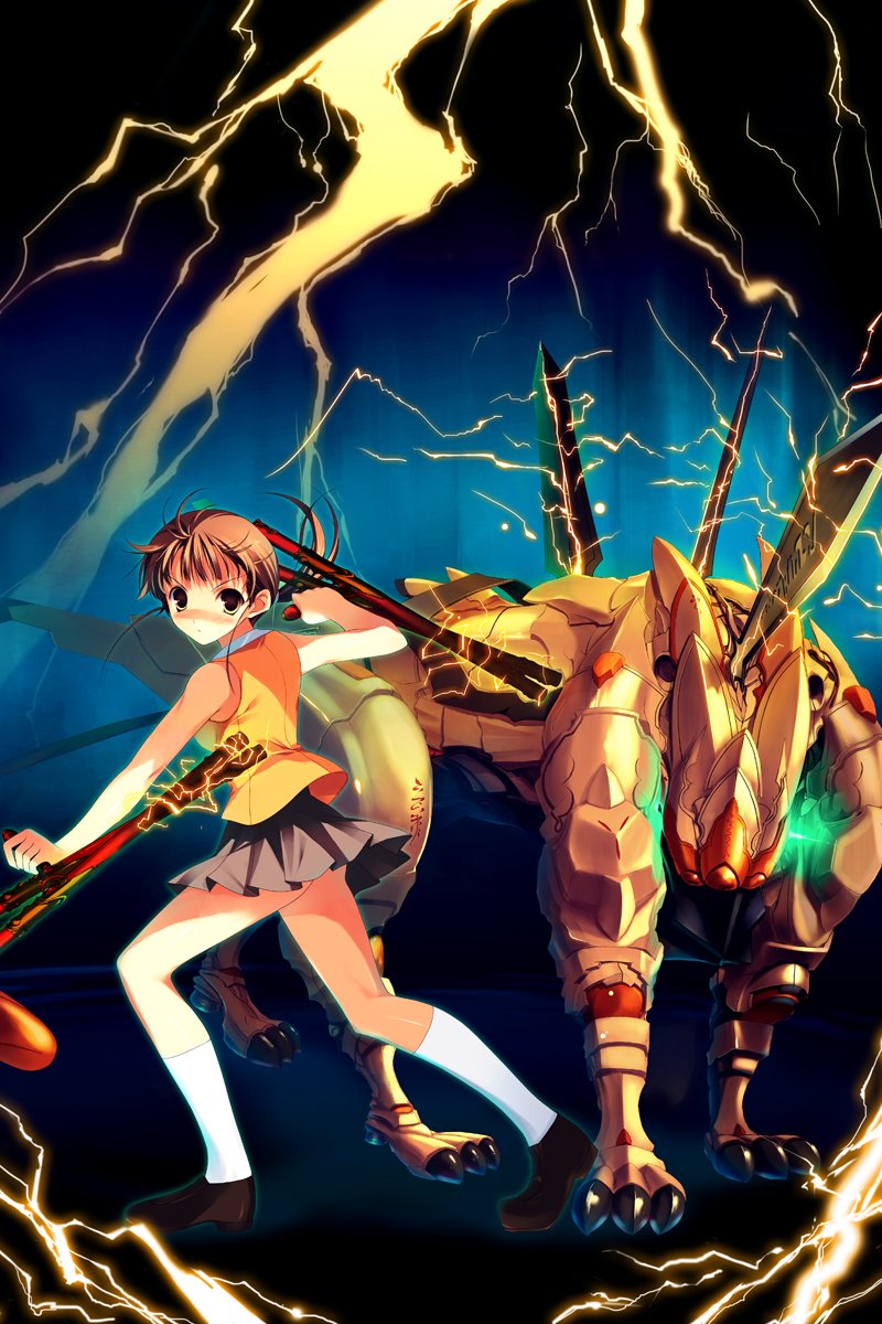 higurashi akane, mai hime: the another, my-hime, highres, 00s, 1girl, bare shoulders, blush, brown eyes, brown hair, creature, electricity, female focus, fighting stance, full body, harry, kneehighs, loafers, looking at viewer, shoes, sleeveless, socks, solo, standing, thighs, white socks