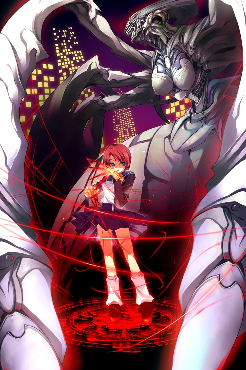 julia (mai hime), yuuki nao, mai hime: the another, my-hime, highres, 00s, 1girl, blue skirt, brown eyes, brown hair, expressionless, female focus, fighting stance, full body, jacket, loafers, looking at viewer, monster, open clothes, open jacket, shirt, shoes, skirt, solo, standing, sunglasses, white shirt