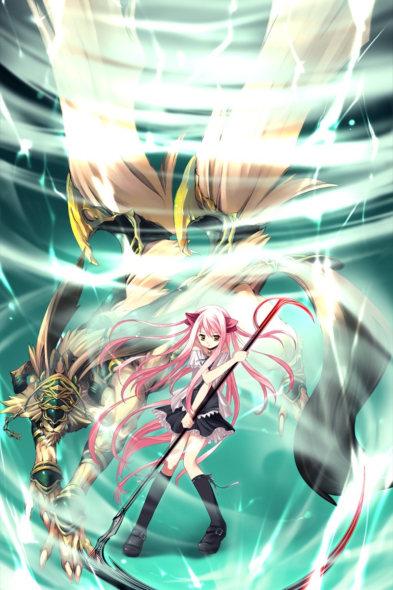 amakawa sakuya, circus (studio), mai hime: the another, my-hime, unmei no keitouju, highres, official art, 00s, 1girl, bare shoulders, black shoes, black socks, buckle, choker, female focus, full body, kneehighs, long hair, monster, pink hair, scythe, shoes, socks, solo, very long hair, wings