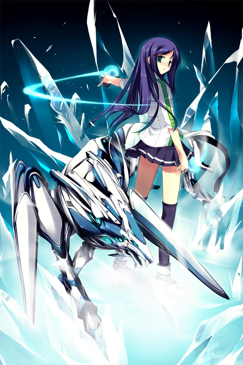 dhuran, kuga natsuki, circus (studio), mai hime: the another, my-hime, unmei no keitouju, highres, official art, 00s, 1girl, black skirt, black socks, creature, crystal, female focus, from behind, full body, green eyes, ice, kneehighs, long hair, looking at viewer, looking back, pleated skirt, purple hair, shirt, short sleeves, skirt, socks, solo, white shirt