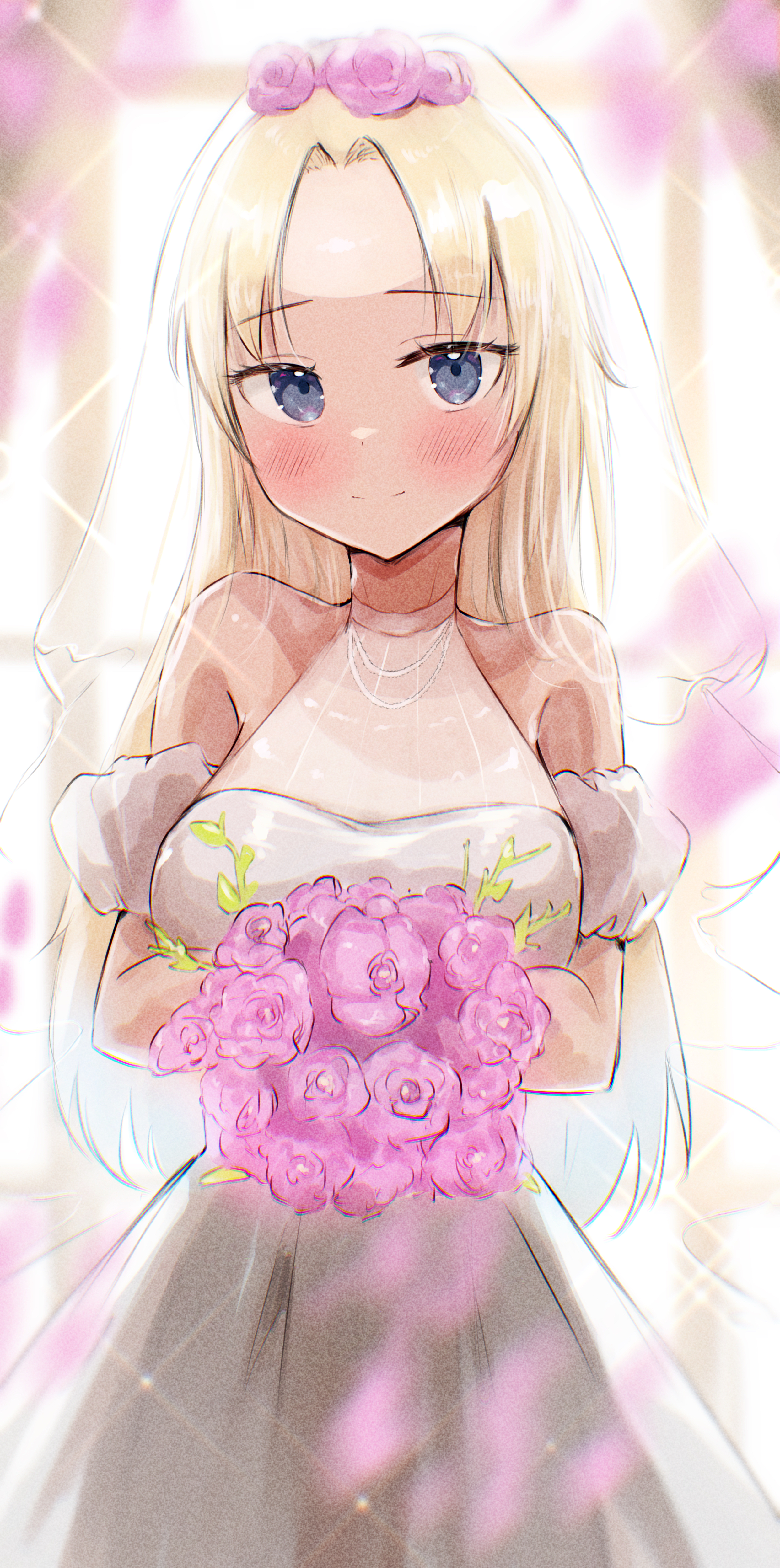 syoma (1026syoma), osawa rurino, link! like! love live!, love live!, absurdres, commentary request, highres, unfinished, 1girl, alternate costume, armpit crease, blonde hair, blue eyes, blue hair, blurry, blurry background, blush, bouquet, breasts, bridal veil, closed mouth, cowboy shot, curtained hair, detached sleeves, dress, flower, gradient hair, hair down, hair flower, hair ornament, holding, holding bouquet, large breasts, long hair, looking at viewer, multicolored hair, parted bangs, pink flower, puffy short sleeves, puffy sleeves, short sleeves, sleeveless, sleeveless dress, smile, solo, sparkle, split mouth, veil, virtual youtuber, wedding dress, white dress, window