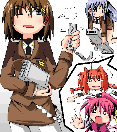 reinforce zwei, signum, vita (nanoha), yagami hayate, lyrical nanoha, mahou shoujo lyrical nanoha, mahou shoujo lyrical nanoha strikers, lowres, 00s, 4girls, ^^^, braid, controller, game console, game controller, magical girl, military, military uniform, mini person, minigirl, multiple girls, one eye closed, pantyhose, ponytail, tears, twin braids, white pantyhose, wii, wii remote