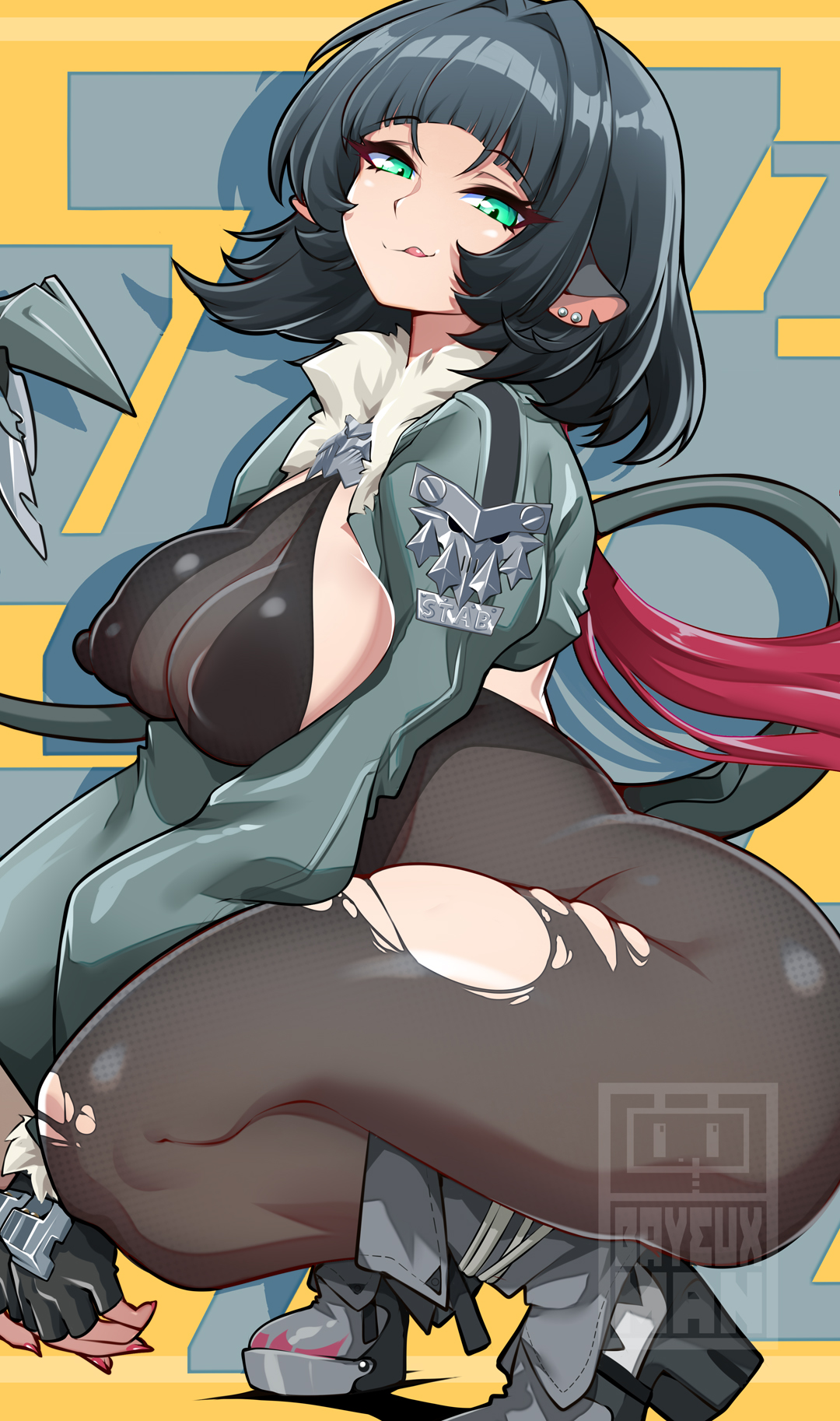 bayeuxman, jane doe (zenless zone zero), zenless zone zero, highres, 1girl, animal ears, black hair, blunt bangs, breasts, covered erect nipples, fingerless gloves, fur-trimmed jacket, fur trim, garter straps, gloves, green eyes, high-waist shorts, jacket, large breasts, long hair, looking at viewer, mouse ears, mouse girl, mouse tail, multicolored hair, pantyhose, red hair, sharp tail, shorts, single garter strap, single leg pantyhose, smile, solo, tail, thighhighs, torn clothes, torn pantyhose, torn thighhighs