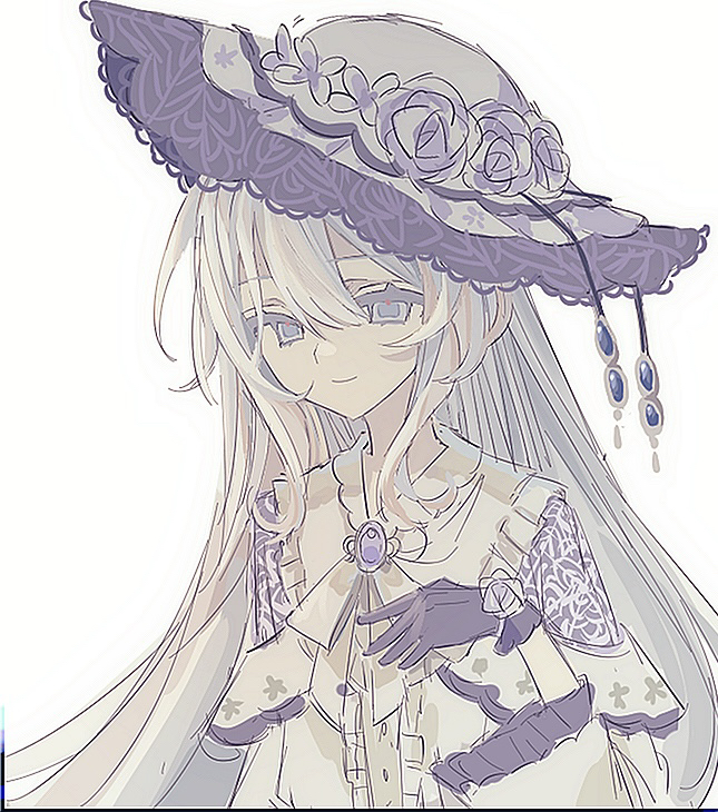 mahou shoujo no majo saiban, chinese commentary, commentary request, spoilers, 1girl, black gloves, blue eyes, closed mouth, dress, flower, frilled dress, frilled sleeves, frills, gloves, hair between eyes, hat, hat flower, lolita fashion, long hair, long sleeves, looking at viewer, neck ribbon, ribbon, simple background, smile, solo, tsukishiro yuki, upper body, wei xun zonghe zheng, white background, white flower, white hair, white hat, white ribbon