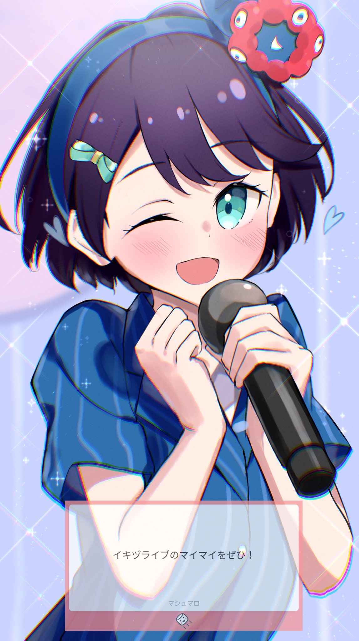 syoma (1026syoma), azabu mai, myaku-myaku, expo2025, ikizulive! love live! bluebird, love live!, commentary request, highres, 1girl, ;d, blue eyes, blue hairband, blue jacket, character hair ornament, hair ornament, hairband, heart, holding, holding microphone, jacket, looking at viewer, marshmallow (site), microphone, official alternate costume, one eye closed, open mouth, pinstripe jacket, pinstripe pattern, purple hair, request inset, shirt, short-sleeved jacket, short hair, short sleeves, smile, solo, upper body, what is my life? (love live!), white shirt