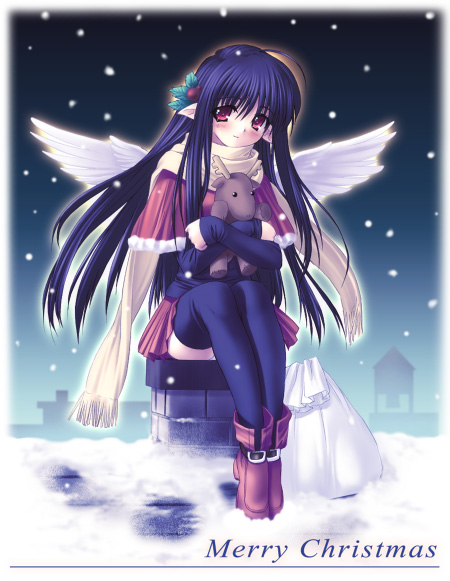 na-ga, 1girl, bird wings, black thighhighs, blue hair, blush, capelet, christmas, female focus, hair ornament, holly, holly hair ornament, long hair, looking at viewer, merry christmas, night, night sky, pointy ears, red eyes, reindeer, rooftop, sack, santa costume, scarf, sitting, skirt, sky, snow, snowing, solo, thighhighs, white wings, wings