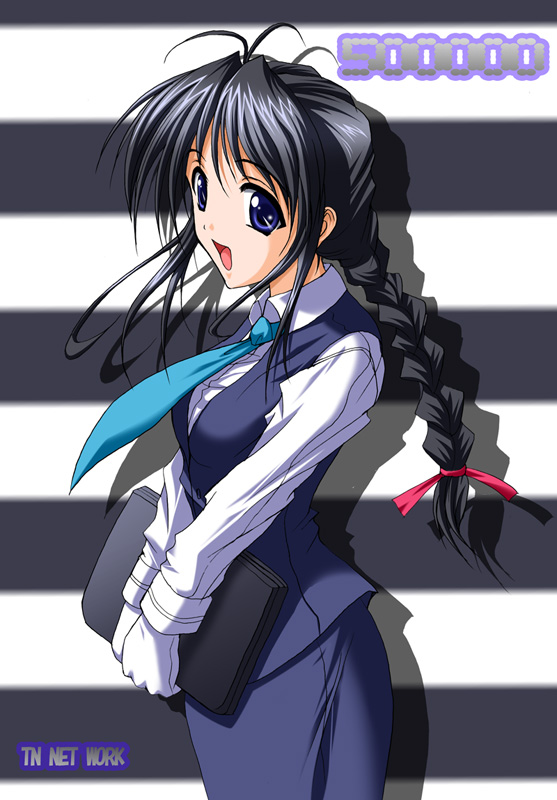 rakkyo, kobayakawa miyuki, taiho shichauzo, 1girl, black hair, blue eyes, female focus, gloves, japan national police, long hair, long sleeves, necktie, police, police uniform, policewoman, ponytail, ribbon, skirt, solo, white gloves