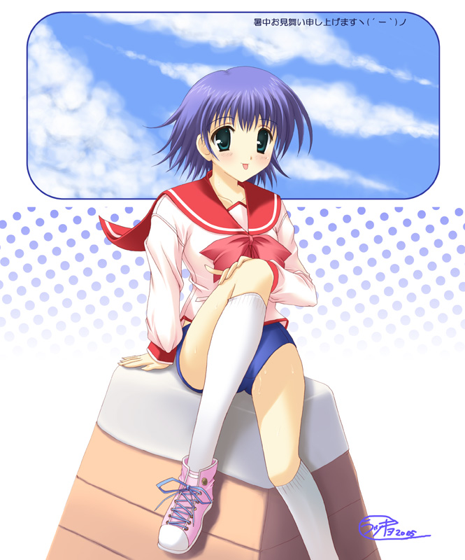 rakkyo, tonami yuma, to heart (series), to heart 2, 00s, 1girl, :p, buruma, female focus, green eyes, kneehighs, purple hair, school uniform, serafuku, shoes, sitting, sneakers, socks, solo, tongue, tongue out, vaulting horse, white socks