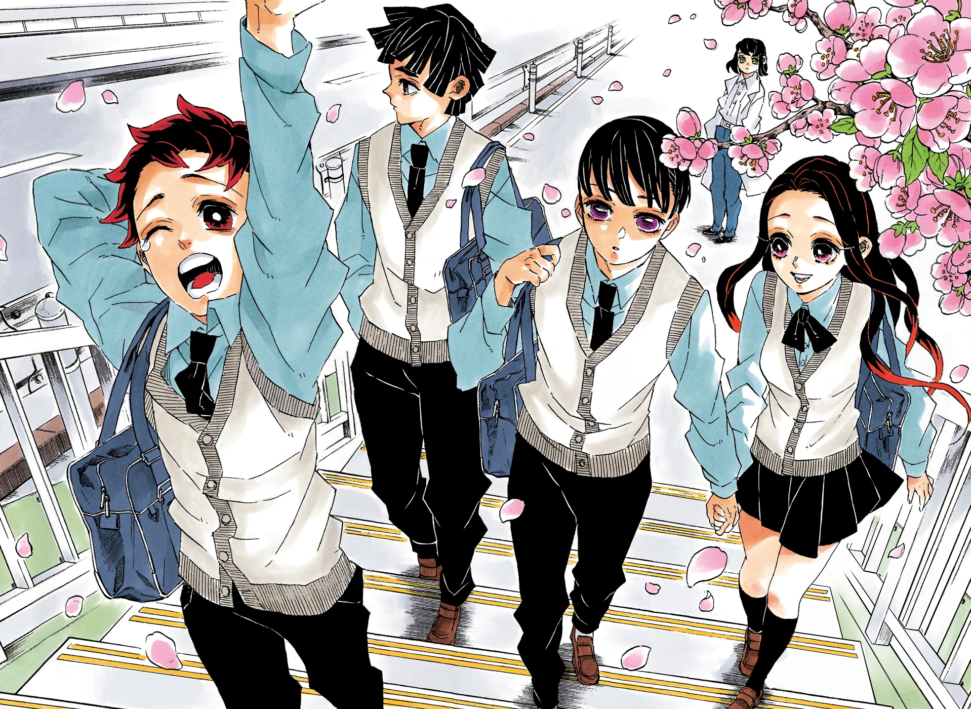 gotouge koyoharu, agatsuma touko, agatsuma yoshiteru, kamado sumihiko, kimetsu no yaiba, highres, official art, 1girl, 4boys, alternate costume, bag, black hair, black necktie, black pants, black skirt, blue bag, blue shirt, branch, chapter cover, cherry blossoms, collared shirt, day, flower, hashibira aoba, kamado kanata, multiple boys, necktie, one eye closed, open mouth, outdoors, pants, petals, pink flower, purple eyes, road, school bag, school uniform, shirt, short hair, skirt, sleepy, stairs, street, sweater vest, teeth, walking, white sweater vest, yawning