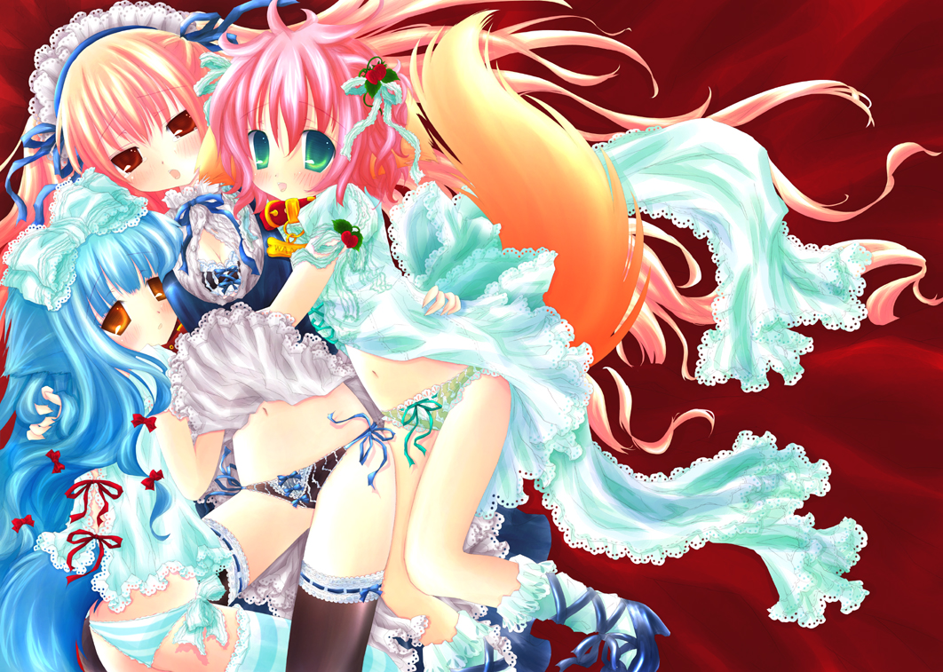 au pied, sakurazawa izumi, lily (wanko to lily), wanko, wanko (wanko to lily), wanko to lily, 3girls, animal ears, fox ears, multiple girls, panties, side-tie panties, tail, thighhighs, underwear