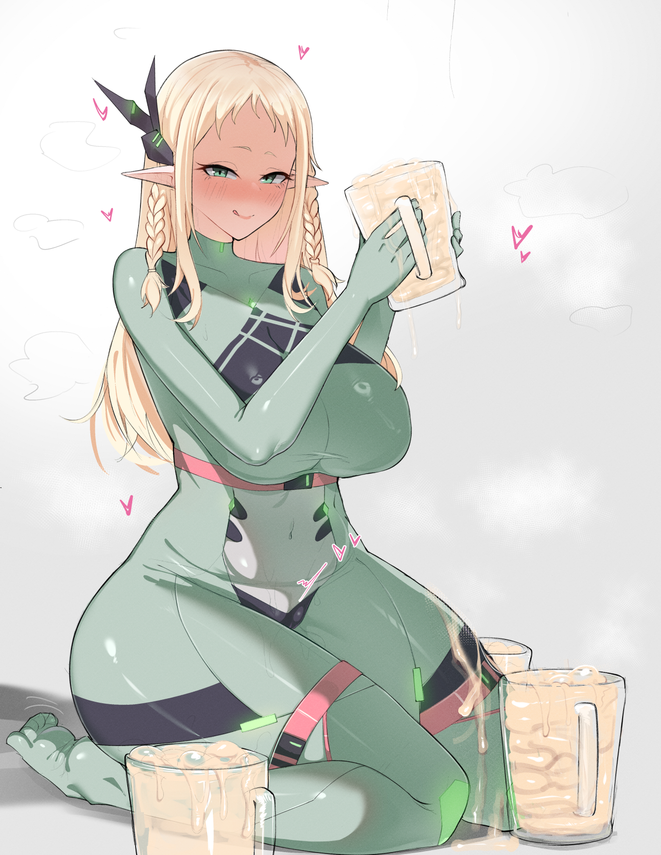 valen (valentineart), character request, commission, copyright request, highres, 1girl, blonde hair, blush, bodysuit, braid, breasts, closed mouth, covered collarbone, covered navel, cum, cum in container, cum in cup, cum on body, cum on legs, cumdrip, cup, eyelashes, forehead, full body, green bodysuit, green eyes, grey background, heart, holding, holding cup, huge breasts, impossible clothes, licking lips, long hair, looking at viewer, no shoes, pointy ears, seiza, shadow, simple background, sitting, smile, solo, thick thighs, thighs, toes, tongue, tongue out
