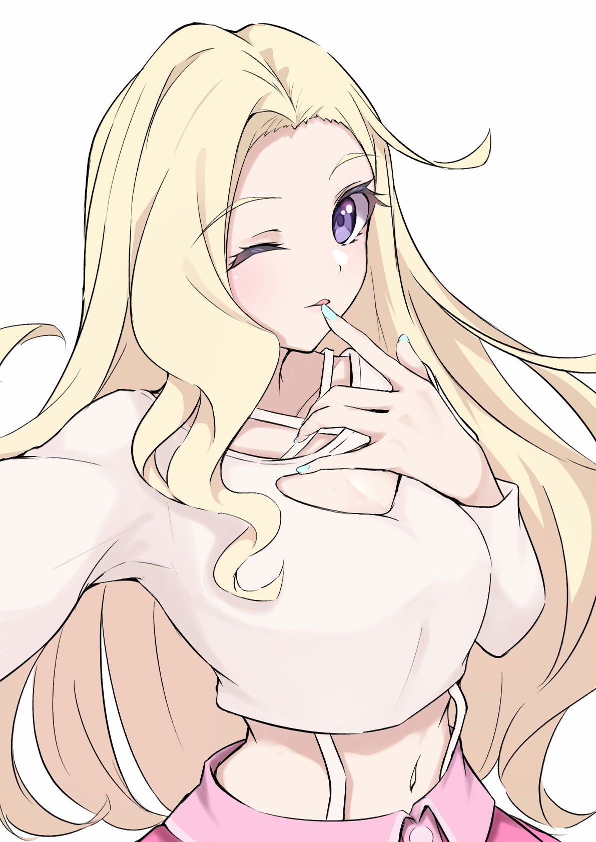 tomoe (tomoe 200), konohana aurora, ikizulive! love live! bluebird, love live!, commentary, hashtag-only commentary, highres, 1girl, blonde hair, breasts, cleavage, cleavage cutout, clothing cutout, crop top, cropped shirt, large breasts, long hair, long sleeves, looking at viewer, one eye closed, outstretched arm, parted hair, pink skirt, purple eyes, selfie, shirt, simple background, skirt, solo, tongue, tongue out, upper body, very long hair, white background, white shirt