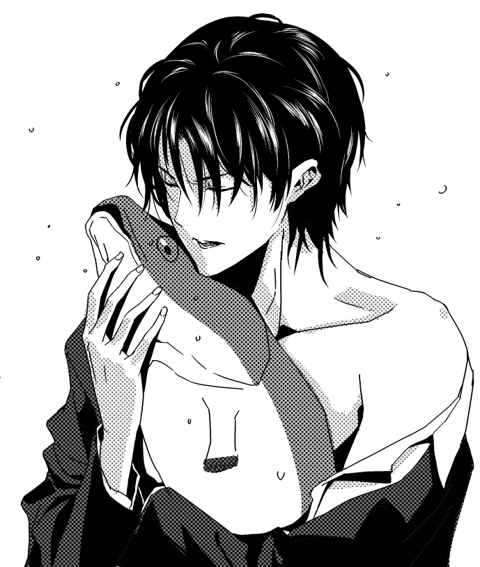 morii shizuki, hosaka (minami-ke), minami-ke, 00s, 1boy, bishounen, black hair, closed eyes, fish, greyscale, holding, male focus, monochrome, off shoulder, open mouth, serious, short hair, solo, what