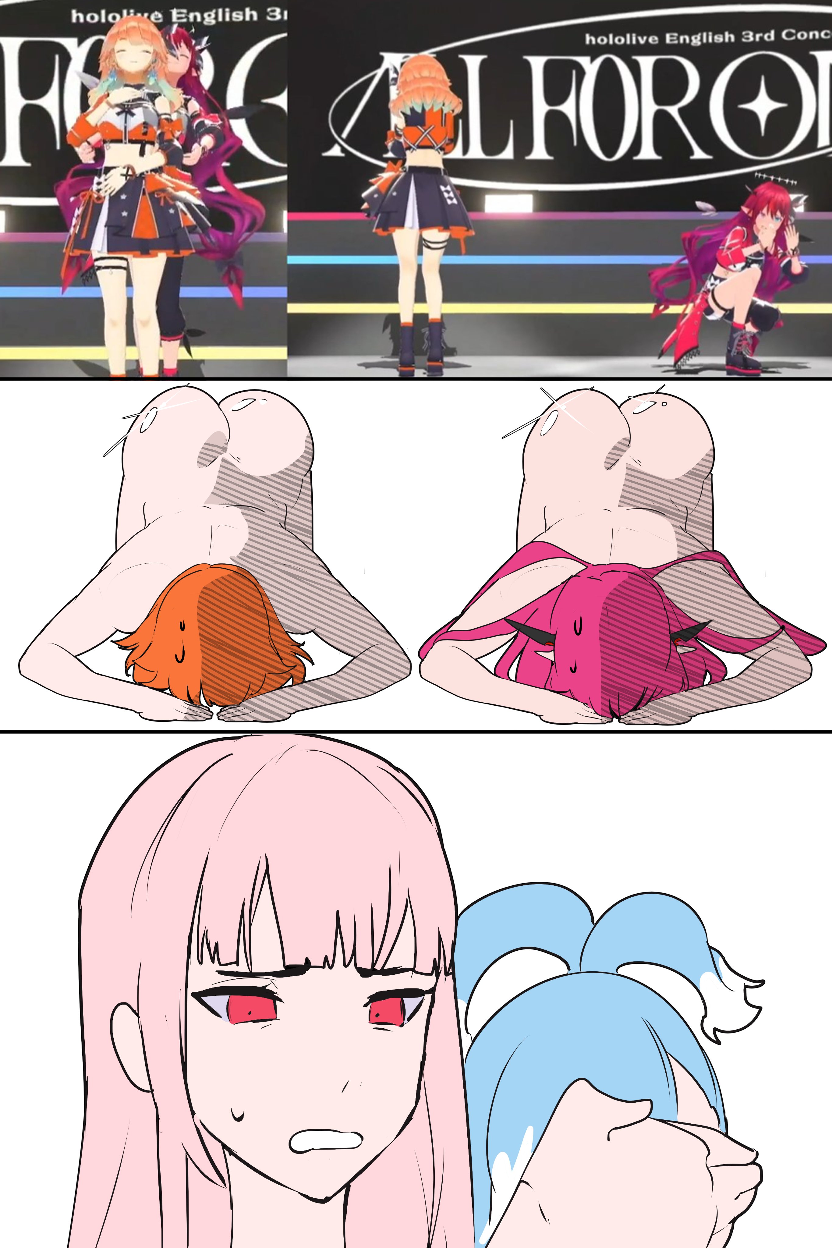 daaku (koizumi arata), irys (hololive), kobo kanaeru, mori calliope, takanashi kiara, hololive, hololive english, hololive indonesia, absurdres, commentary, english commentary, highres, 4girls, ass, blue hair, covering another's eyes, dogeza, high ponytail, hololive idol uniform (color rise), horns, long hair, multiple girls, naked dogeza, nude, orange hair, photo inset, pink hair, ponytail, red eyes, split ponytail, sweatdrop, virtual youtuber, white hair