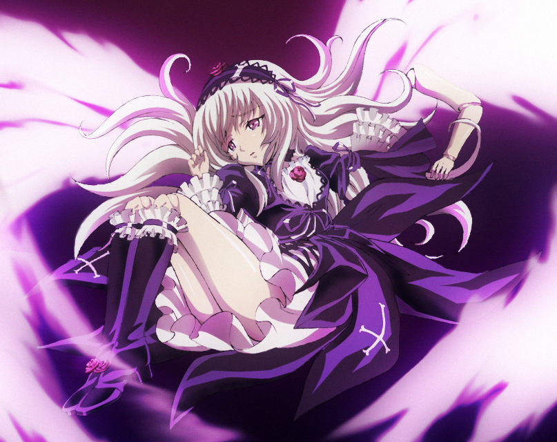 hayakawa harui, suigintou, rozen maiden, 00s, 1girl, black boots, boots, cross, doll, dress, female focus, floating, flower, frills, hair ornament, legs, long hair, purple dress, purple eyes, rose, solo, white hair, wings