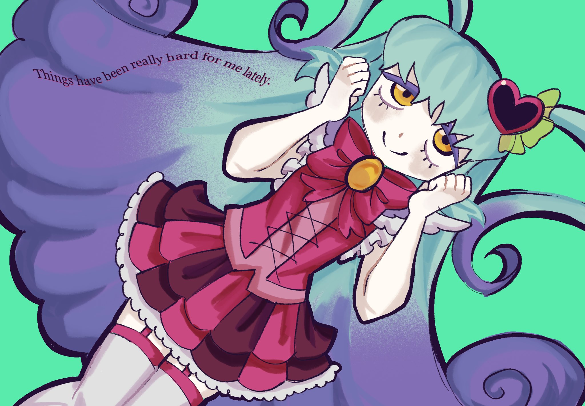queen of hatred, lobotomy corporation, project moon, highres, 11voegel, 1girl, blue hair, bow, bowtie, gradient hair, green background, hair ornament, heart, heart hair ornament, long hair, looking at viewer, magical girl, multicolored hair, pink bow, pink bowtie, pink garter straps, pink skirt, pink vest, purple hair, simple background, skirt, smile, solo, standing, two side up, upper body, vest, yellow eyes
