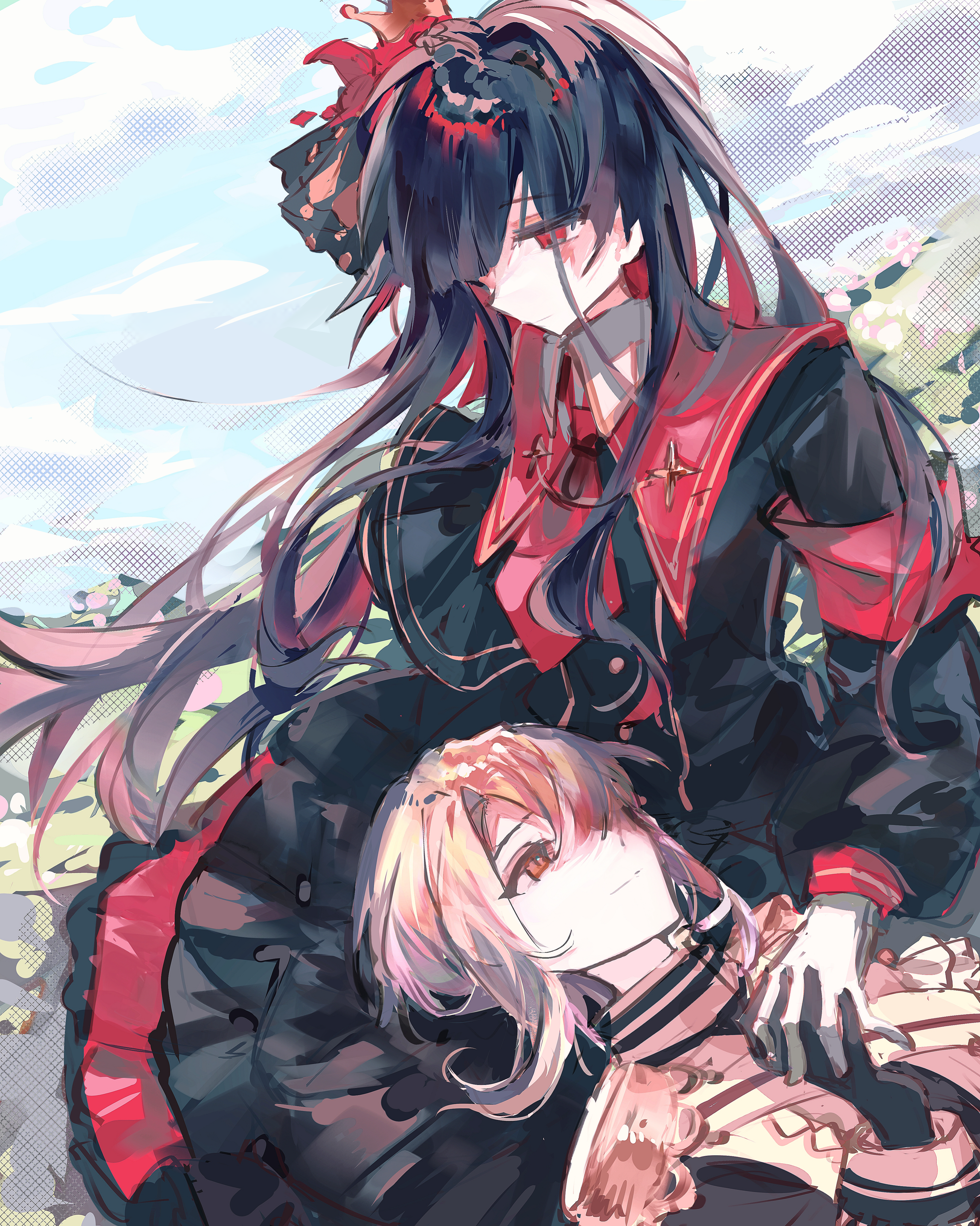 nikaidou hiro, mahou shoujo no majo saiban, absurdres, chinese commentary, commentary request, highres, 2girls, armband, black gloves, black hair, blonde hair, blue sky, closed mouth, day, gloves, hair over one eye, hasumi reia, holding hands, long hair, long sleeves, looking at another, looking down, lying, lying on lap, magical girl, multiple girls, necktie, on back, outdoors, red armband, red eyes, red necktie, short hair, sitting, sky, smile, xiu nai dong, yellow eyes