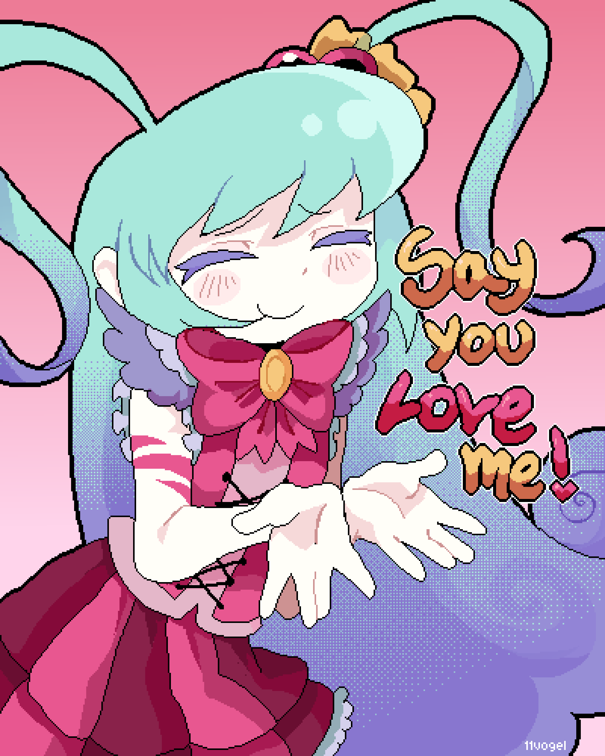 queen of hatred, lobotomy corporation, project moon, absurdres, highres, 11voegel, 1girl, blue hair, bow, bowtie, closed eyes, gradient hair, hair ornament, heart, heart hair ornament, long hair, looking at viewer, magical girl, multicolored hair, pink background, pink bow, pink bowtie, pink skirt, pink vest, purple hair, simple background, skirt, smile, solo, two side up, upper body, vest, yellow brooch