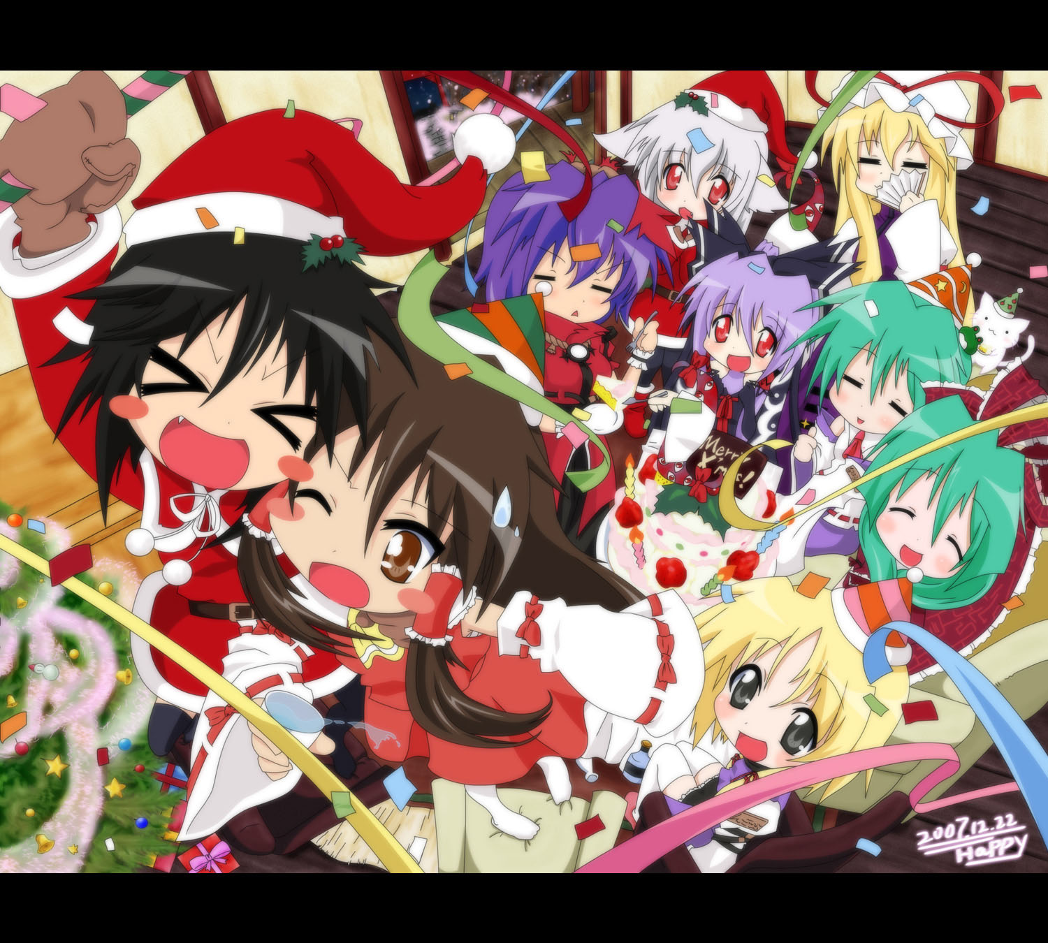 auer, hakurei reimu, inubashiri momiji, kagiyama hina, kochiya sanae, meimu, moriya suwako, shameimaru aya, yakumo yukari, yasaka kanako, lucky star, touhou, highres, > <, 6+girls, christmas, closed eyes, dark reimu, fang, female focus, front ponytail, hat, mob cap, multiple girls, nightcap, parody, santa costume