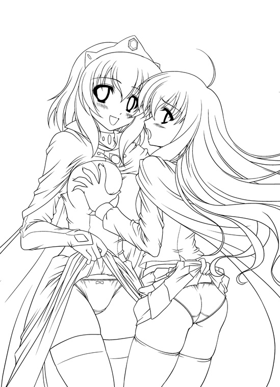 abu, henrietta de tristain, louise francoise le blanc de la valliere, zero no tsukaima, unfinished, 00s, 2girls, breasts, clothes lift, flat chest, grabbing another's breast, greyscale, groping, medium breasts, monochrome, multiple girls, skirt, skirt lift, thighhighs