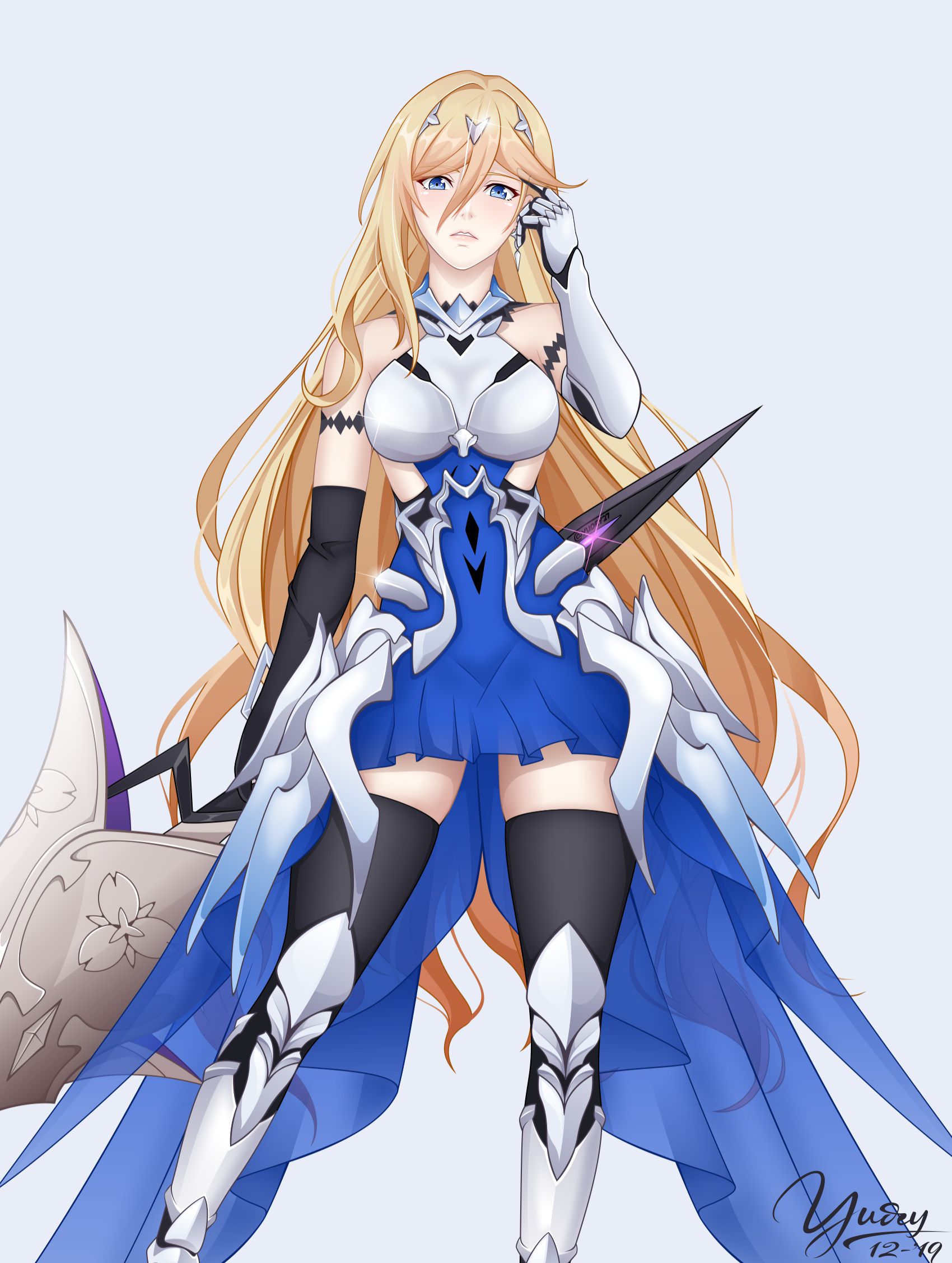 aramake, durandal (bright knight: excelsis) (honkai impact), durandal (honkai impact), honkai (series), honkai impact 3rd, highres, 1girl, armored boots, blonde hair, blue background, blue eyes, boots, breasts, gauntlets, holding, holding polearm, holding weapon, large breasts, long hair, looking at viewer, polearm, signature, simple background, solo, thigh boots, very long hair, wavy hair, weapon