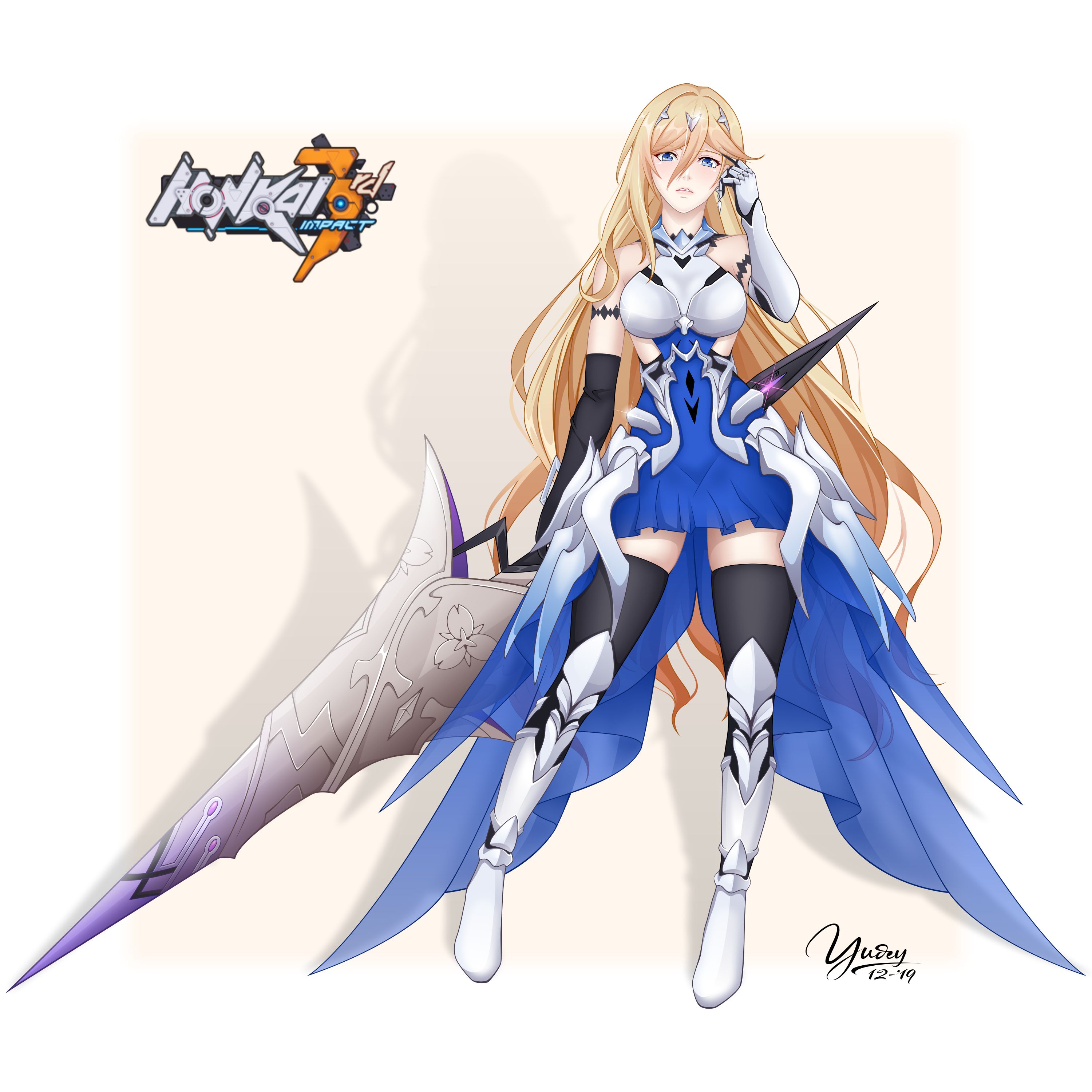 aramake, durandal (bright knight: excelsis) (honkai impact), durandal (honkai impact), honkai (series), honkai impact 3rd, absurdres, highres, 1girl, armored boots, blonde hair, blue eyes, boots, border, breasts, gauntlets, holding, holding polearm, holding weapon, large breasts, long hair, looking at viewer, polearm, shadow, signature, solo, thigh boots, very long hair, wavy hair, weapon, white border, yellow background