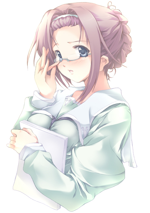 kashi, adjusting eyewear, blue eyes, brown hair, glasses, hairband, purple hair, solo