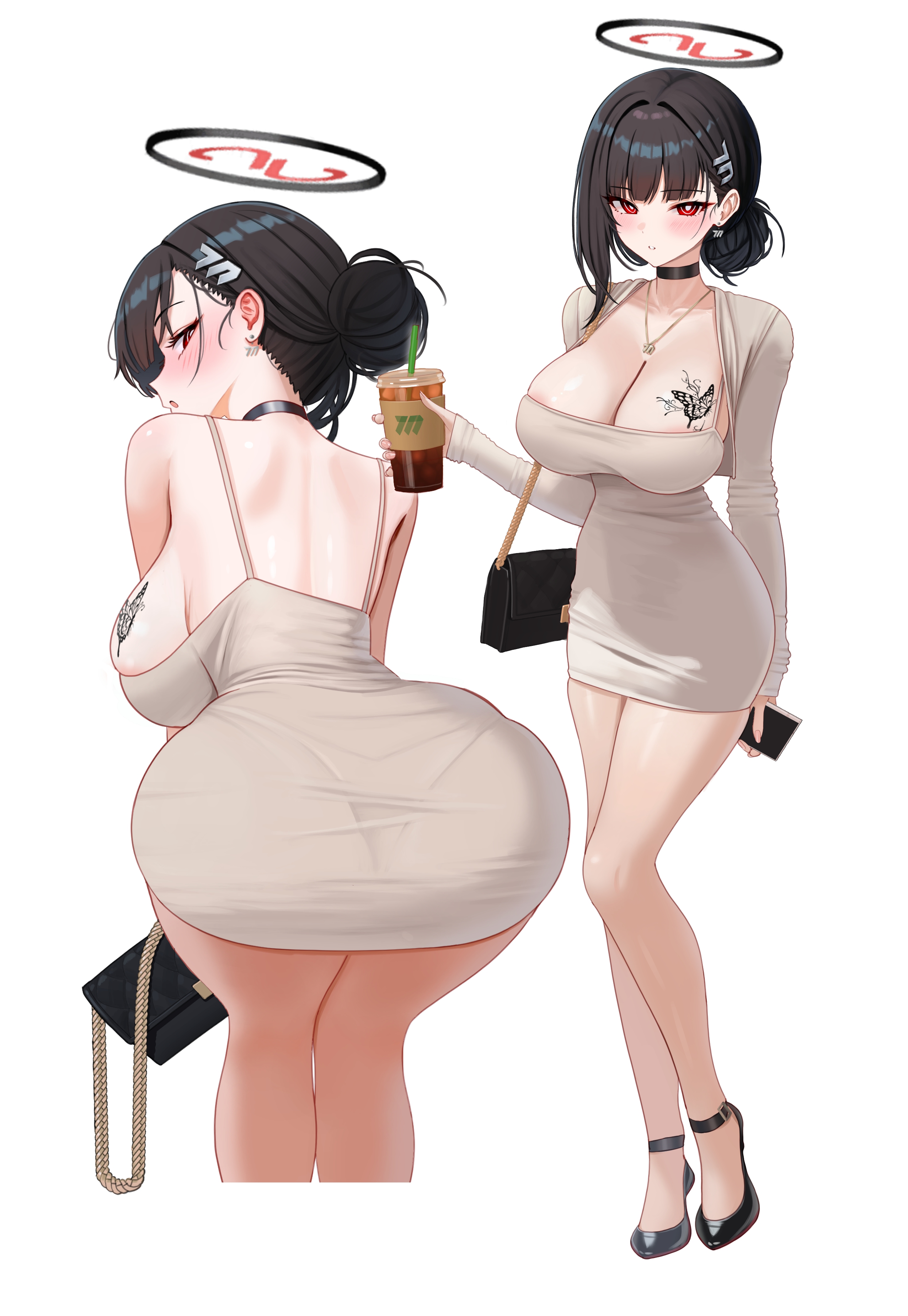 mizikayo, d (killer wife) (nikke), d (nikke), rio (blue archive), blue archive, absurdres, commentary request, highres, 1girl, alternate costume, alternate hairstyle, ass, back, bag, black choker, black hair, black shoes, blush, bottle, breast tattoo, breasts, bright pupils, butterfly tattoo, choker, cleavage, cosplay, cup, d (nikke) (cosplay), disposable cup, dongtan dress, dress, drinking straw, from behind, full body, grey dress, hair bun, hair intakes, hair ornament, hairclip, halo, holding, holding bag, holding cup, huge ass, jewelry, large breasts, legs, long hair, long sleeves, looking at viewer, looking back, mary janes, millennium science school logo, multiple views, nape, necklace, pantylines, red eyes, shoes, shoulder bag, sideboob, single hair bun, sparkle, standing, tattoo, thighs, white pupils