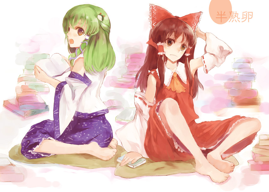nokishita, hakurei reimu, kochiya sanae, touhou, 2girls, arm behind back, armpits, ascot, barefoot, blouse, book, feet, female focus, frilled hair tubes, frills, full body, hair tubes, multiple girls, red shirt, shirt, sitting, sleeveless, sleeveless shirt, wariza, white background, yellow ascot