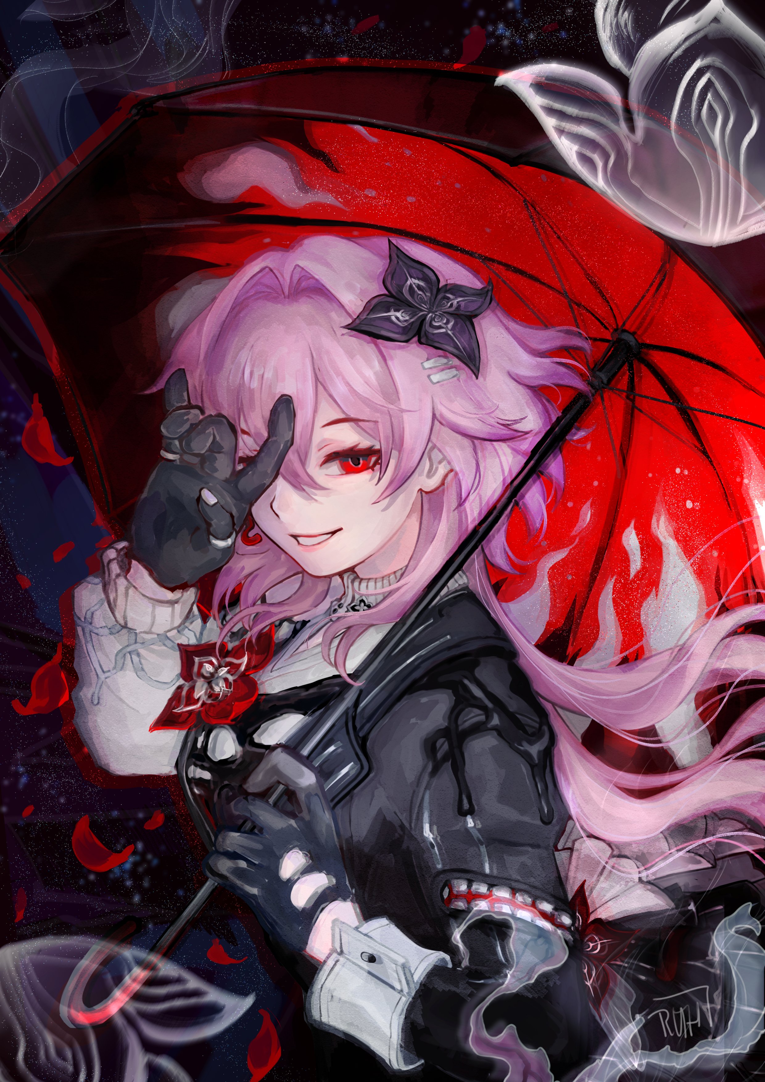 matryoshka-ruth, evernight (honkai: star rail), march 7th (honkai: star rail), honkai: star rail, honkai (series), absurdres, highres, 1girl, artist name, black flower, black gloves, black jacket, covering one eye, flower, from side, gloves, hair flower, hair ornament, hand up, holding, holding umbrella, jacket, long hair, looking at viewer, looking to the side, parasol, pink hair, red eyes, red flower, shirt, smile, solo, teeth, umbrella, upper body, white shirt