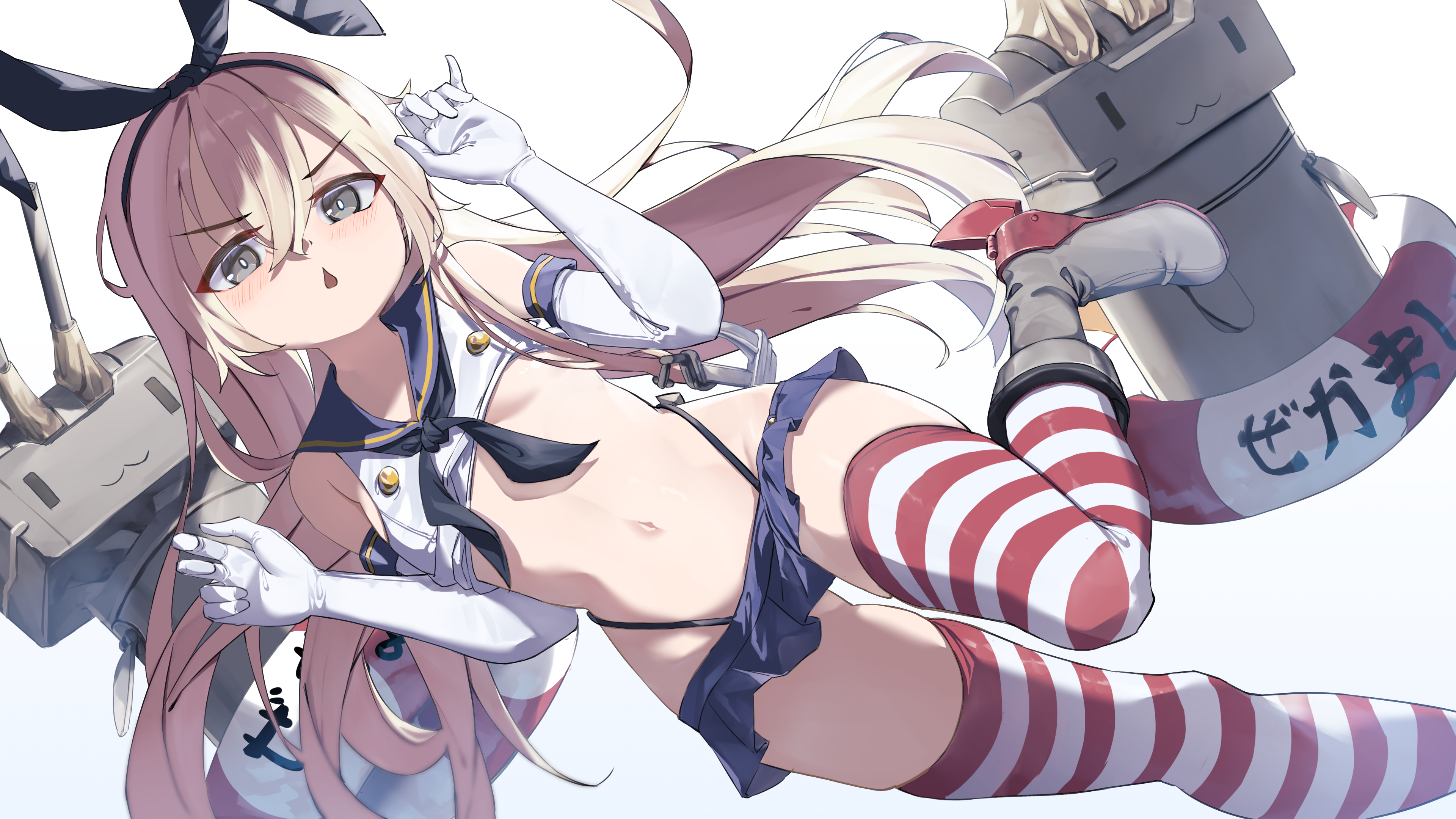 mkldragon, rensouhou-chan, shimakaze (kancolle), kantai collection, absurdres, commentary request, highres, 1girl, :o, anchor hair ornament, animal ears, bare shoulders, black hairband, black neckerchief, black panties, black ribbon, blonde hair, blue sailor collar, blue skirt, blush, boots, breasts, buttons, cropped shirt, double-breasted, elbow gloves, full body, gloves, green eyes, groin, hair between eyes, hair ornament, hair ribbon, hairband, hands up, high heel boots, high heels, highleg, highleg panties, hip focus, long hair, looking at viewer, microskirt, navel, neckerchief, no bra, panties, pleated skirt, rabbit ears, revealing clothes, ribbon, rudder footwear, sailor collar, school uniform, serafuku, shirt, sideways, skindentation, skirt, sleeveless, sleeveless shirt, small breasts, solo, standing, standing on one leg, stomach, striped clothes, striped thighhighs, thighhighs, thighs, underboob, underwear, very long hair, w arms, white gloves, white shirt, yellow eyes