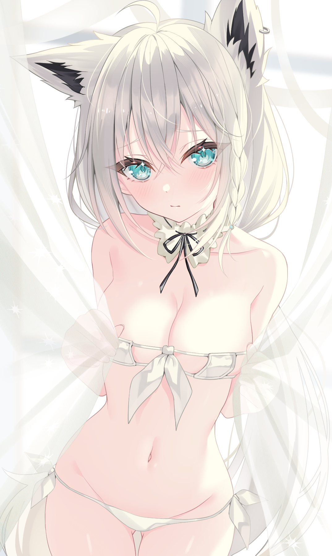 kiriii, shirakami fubuki, hololive, highres, animal ears, blue eyes, breasts, looking at viewer, medium breasts, neck ribbon, ribbon, swimsuit, virtual youtuber, white hair