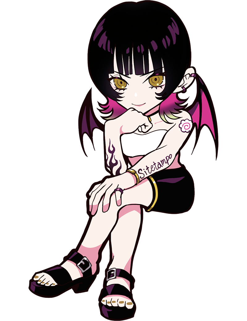 puppeteer7777, crazy raccoon, archived source, official art, second-party source, anime coloring, arm tattoo, bare arms, bare legs, bare shoulders, bat wings, belt buckle, bike shorts, black choker, black hair, black sandals, black shorts, black wings, blonde hair, blunt bangs, brown nails, buckle, choker, closed mouth, collarbone, colored inner hair, crossed legs, eyelashes, facing viewer, flame tattoo, full body, hand on own chin, hand on own knee, head rest, invisible chair, lips, lipstick, looking at viewer, makeup, midriff, multicolored hair, nail polish, narutomaki tatoo, no nose, parted hair, pink lips, pink wings, pinky ring, purple hair, sandals, shorts, sitetampo jr., sitting, smile, solo, strapless, tachi-e, tattoo, text tattoo, thick lineart, toenails, toes, transparent background, tube top, watch, white tube top, wings, wristwatch, yellow eyes