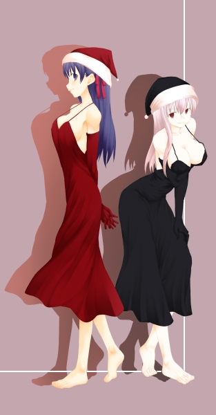 hamao, dark sakura, matou sakura, fate/stay night, fate (series), 00s, 2girls, back-to-back, barefoot, black gloves, breasts, christmas, cleavage, dress, dual persona, elbow gloves, gloves, hat, large breasts, leaning forward, long hair, multiple girls, purple eyes, purple hair, red eyes, red gloves, santa hat, shadow, white hair