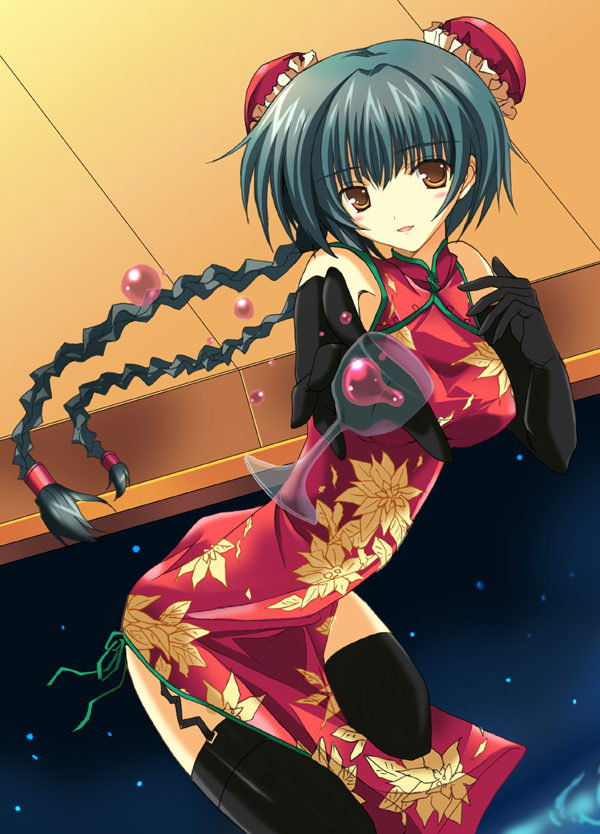 karamiti, kimishima ao, wang liu mei, gundam, gundam 00, 00s, braid, bun cover, china dress, chinese clothes, dress, elbow gloves, gloves, solo, thighhighs, twin braids
