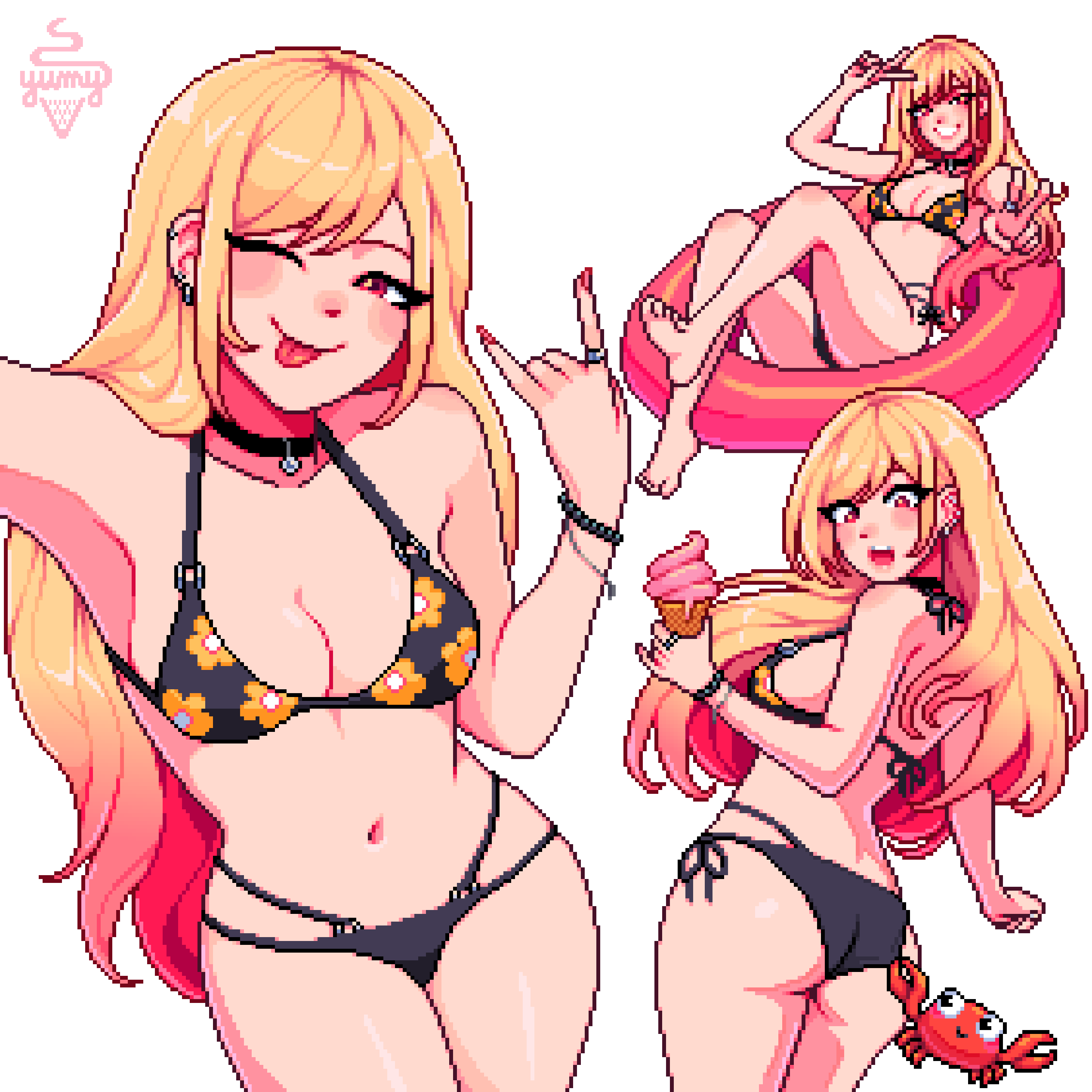yumykon, kitagawa marin, sono bisque doll wa koi wo suru, absurdres, commentary, english commentary, highres, 1girl, artist name, aseprite (medium), bikini, breasts, cleavage, crab, long hair, looking at viewer, medium breasts, multiple views, navel, one eye closed, pixel art, simple background, smile, swimsuit, tongue, tongue out, white background