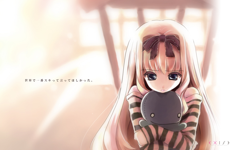 tsukigami runa, striped, 1girl, blonde hair, blue eyes, bow, female focus, hair bow, long hair, solo, stuffed animal, stuffed toy
