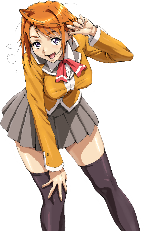 nigou, tokiha mai, my-hime, 00s, 1girl, adjusting hair, ahoge, black thighhighs, breasts, covered erect nipples, female focus, happy, large breasts, leaning forward, orange hair, orange shirt, purple eyes, red hair, school uniform, serafuku, shirt, short hair, skirt, solo, thighhighs, zettai ryouiki